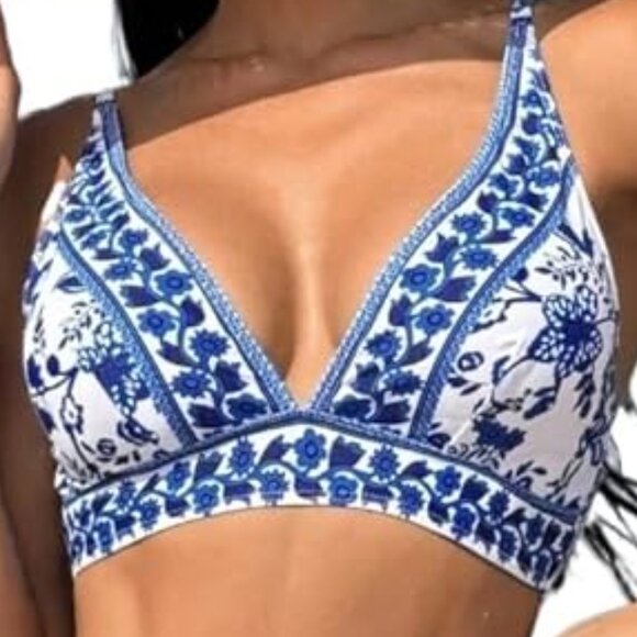 Women's Bathing Suit Print Bikini Blue White Floral High Waisted Swimsuit Set XL - Picture 3 of 7